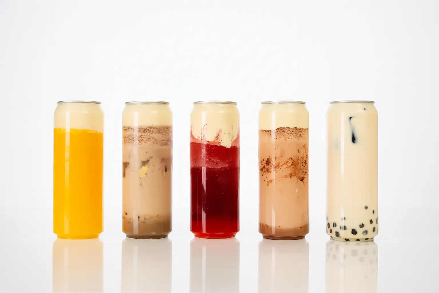 Cinci doze transparente cu fresh de portocale, cafea cu lapte, băutură de fructe, ciocolată și bubble tea